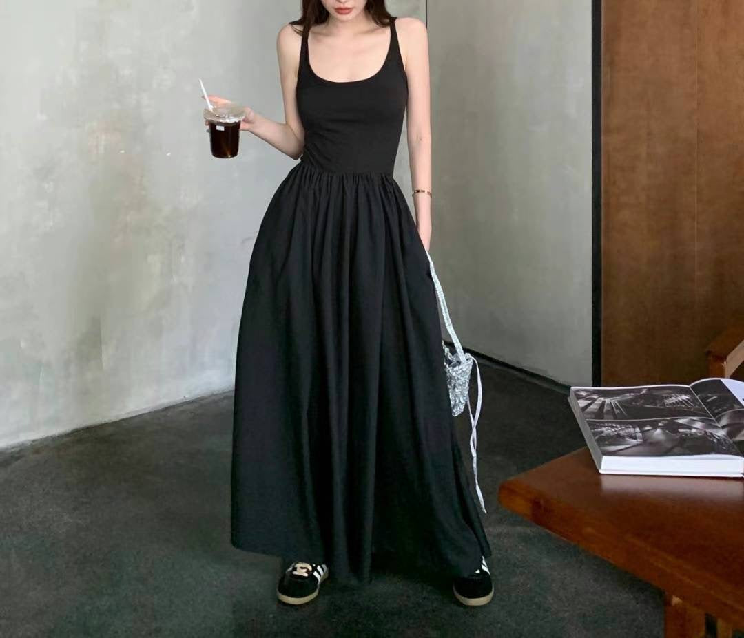 彈性棉質拼雪紡連身裙-吊帶