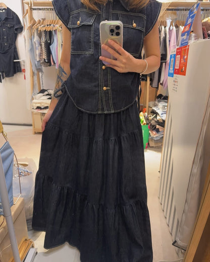 🇰🇷牛仔布☀️蝴蝶袖束腰+橡筋腰蛋糕裙
