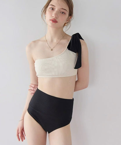 日系 拼色單肩兩件式泳衣👙